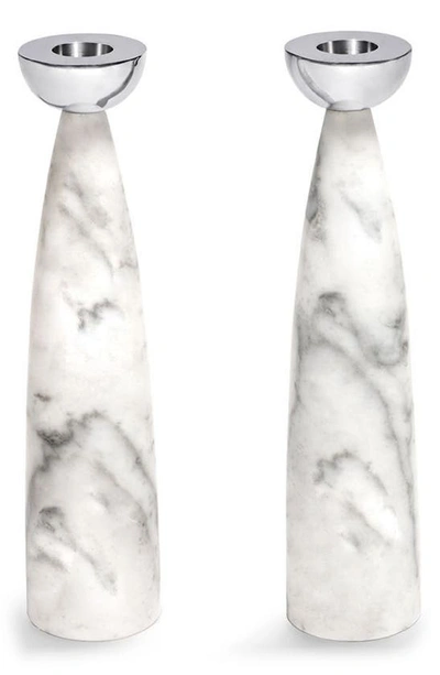 Anna New York Coluna 2-piece Carrara Marble & Steel Candlestick Set In Carrara Silver