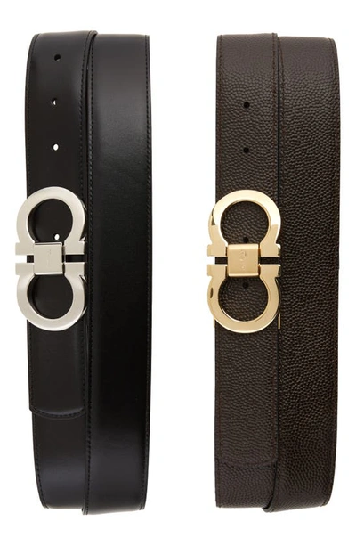 Shop Ferragamo Leather Belt Box Set In Black/ Brown