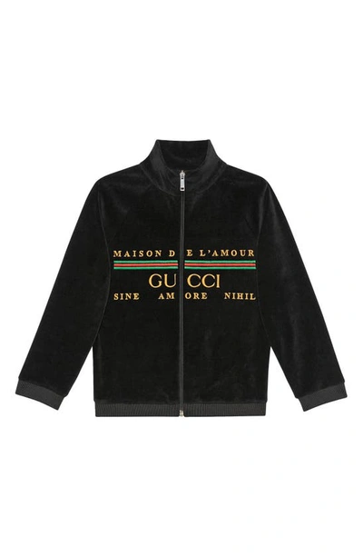 Shop Gucci Kids' Embroidered Velour Jacket In Black/ Mix