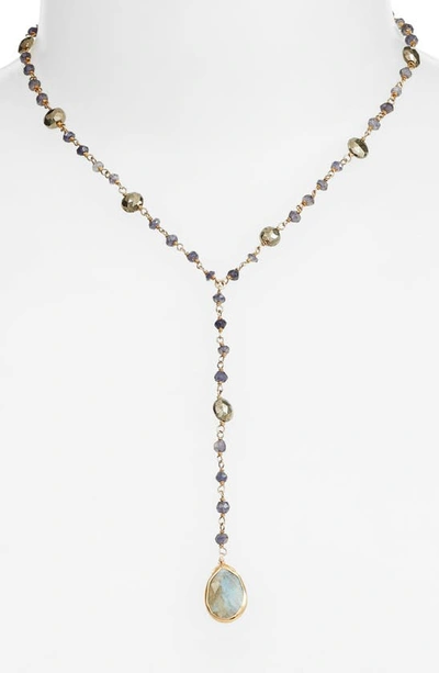 Shop Ela Rae Yaeli Midi Satellite Semiprecious Stone Y-necklace In Iolite / Pyrite