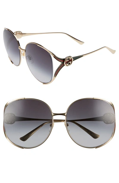 Shop Gucci 63mm Gradient Oversize Open Temple Round Sunglasses In Gold/ Red/ Grey