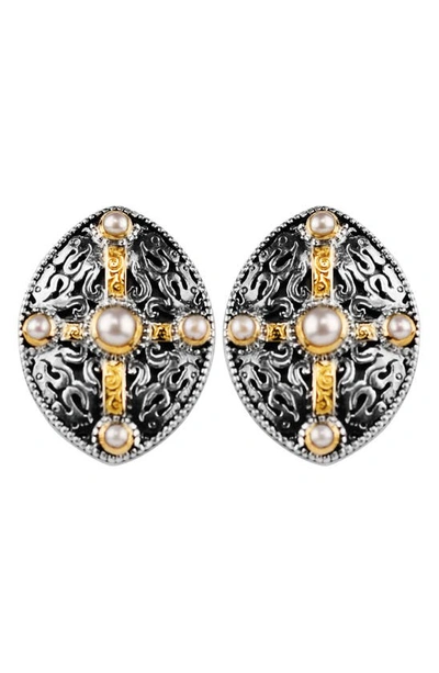Shop Konstantino Pearl Classics Shield Earrings In Silver/ Gold
