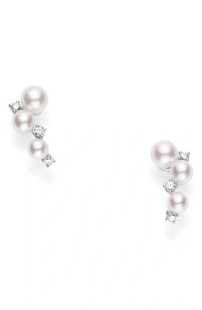 Shop Mikimoto Pearl & Diamond Cluster Earring In White Gold