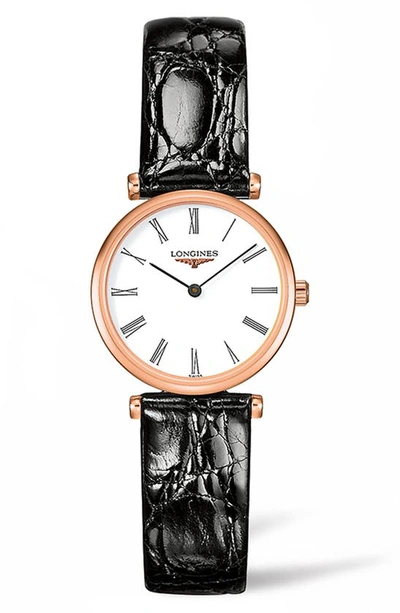 Shop Longines La Grande Classique De  Leather Strap Watch, 24mm In Black/ White/ Rose Gold