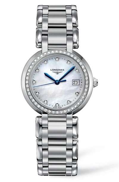 Shop Longines Primaluna Diamond Bracelet Watch, 30mm In Silver/ Mop/ Silver