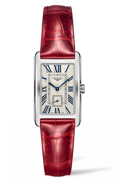 Shop Longines Dolcevita Leather Strap Watch, 23mm X 37mm In Red/ Silver