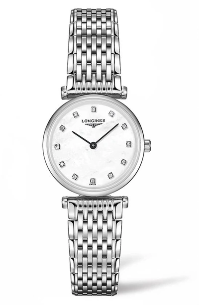 Shop Longines La Grande Classique De  Diamond Bracelet Watch, 24mm In Silver/ Mop/ Silver