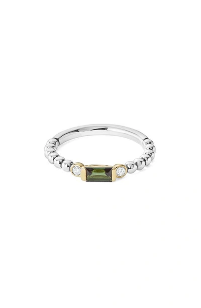 Shop Lagos Gemstone Baguette And Diamond Beaded Band Ring In Silver/ 18k Gold/ Tourmaline