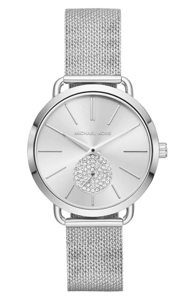 Shop Michael Kors Portia Mesh Strap Watch, 37mm In Silver/ White/ Silver