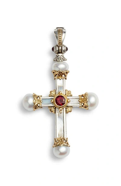 Shop Konstantino Hestia Sterling Silver Pearl Cross Pendant In Silver/ Gold/ White/ Red