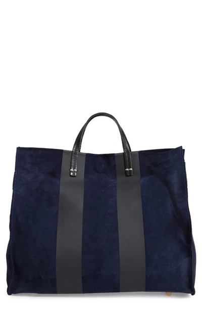 Shop Clare V Simple Stripe Leather Tote In Navy Suede Stripe