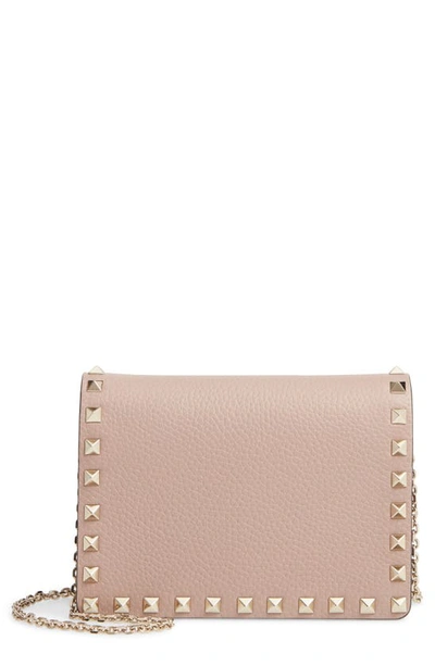 Shop Valentino Rockstud Leather Pouch Wallet On A Chain In Poudre/ Gold