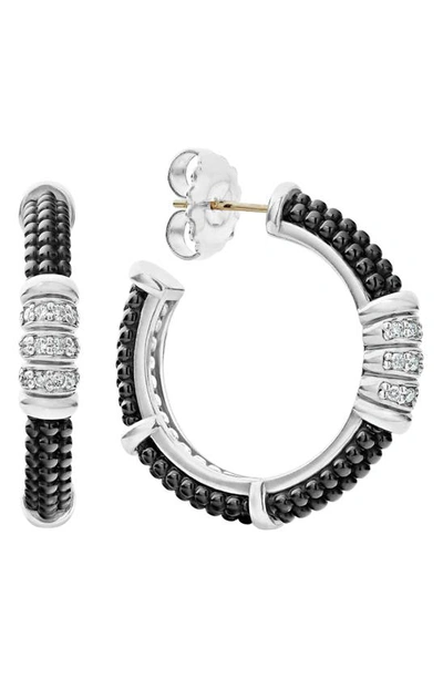 Shop Lagos Black Caviar Diamond 3-row Hoop Earrings In Silver