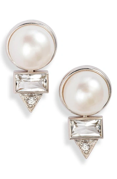 Shop Anzie Cleo Baguette Topaz & Pearl Stud Earrings In Pearl/ White Sapphire