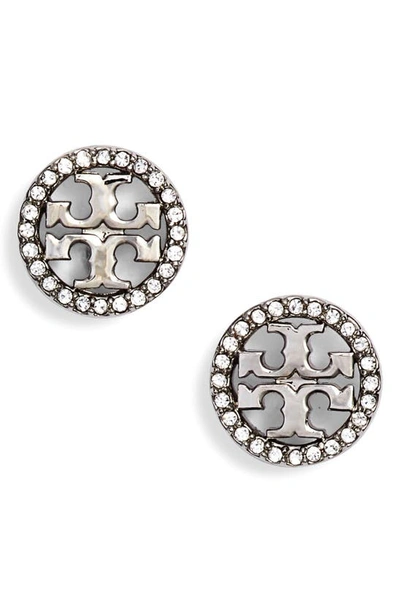 Shop Tory Burch Crystal Logo Circle Stud Earrings In Tory Silver/ Crystal