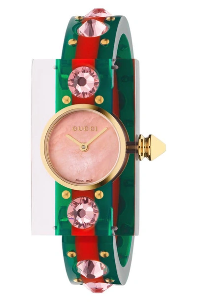 Shop Gucci Vintage Web Bangle Watch, 24mm X 40mm In Green/ Red/ Pink Mop/ Gold