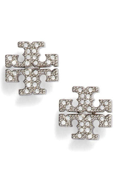 Shop Tory Burch Crystal Logo Stud Earrings In Tory Silver / Crystal