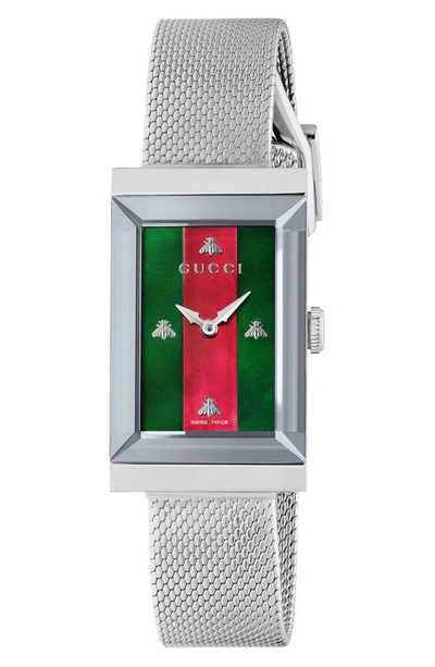 Shop Gucci G-frame Mesh Strap Watch, 21mm X 34mm In Silver/ Green/ Red/ Silver