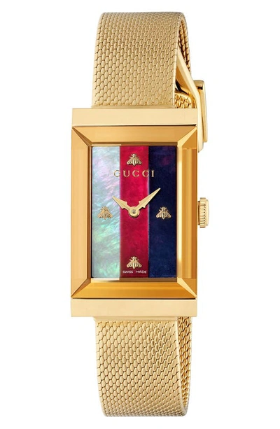 Shop Gucci G-frame Mesh Strap Watch, 21mm X 34mm In Gold/ White/ Red/ Navy