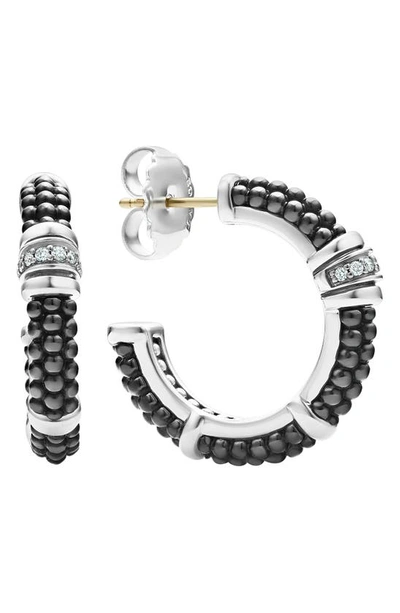 Shop Lagos Black Caviar Diamond Hoop Earrings In Silver/ Black Ceramic/ Diamond