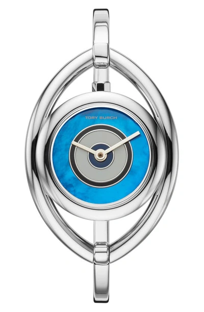 Shop Tory Burch Evil Eye Bangle Watch, 25mm In Silver/ Blue Mop/ Silver