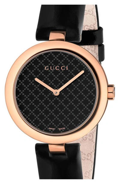 Shop Gucci Diamantissima Leather Strap Watch, 32mm In Black/ Gold