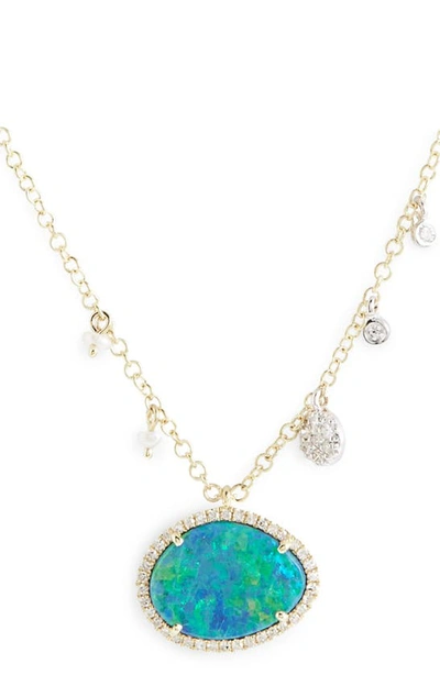 Shop Meira T Stone Pendant Necklace In Yellow Gold/ Blue Opal