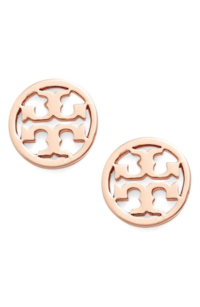 Shop Tory Burch Circle Logo Stud Earrings In Rose Gold