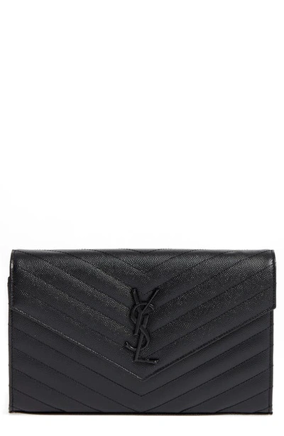 Shop Saint Laurent Monogram Quilted Leather Wallet On A Chain In Nero