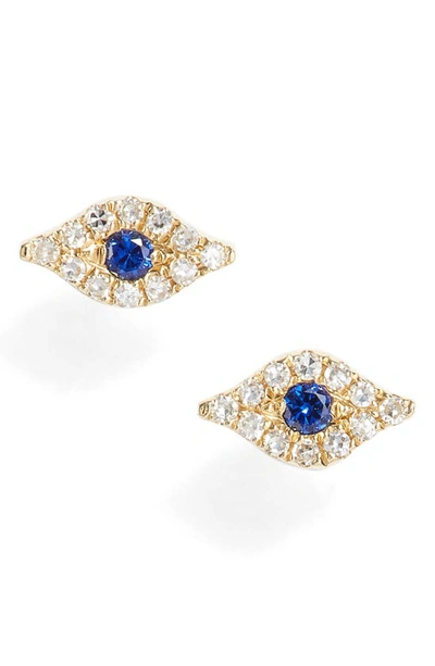 Ef Collection 14k Yellow Gold Mini Diamond & Blue Sapphire Evil Eye Stud Earrings In Yellow Gold