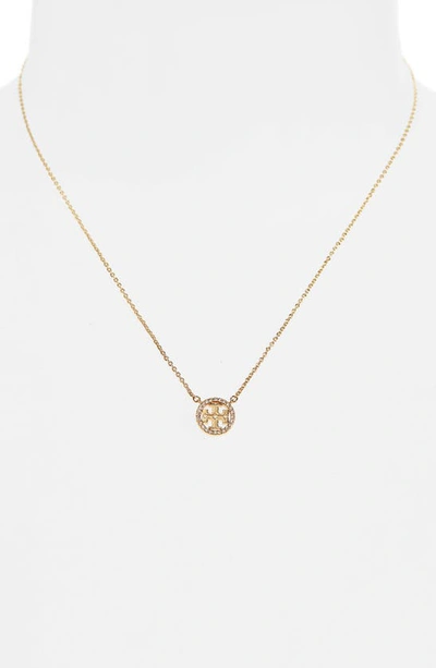 Shop Tory Burch Pavé Logo Pendant Necklace In Tory Gold/ Crystal