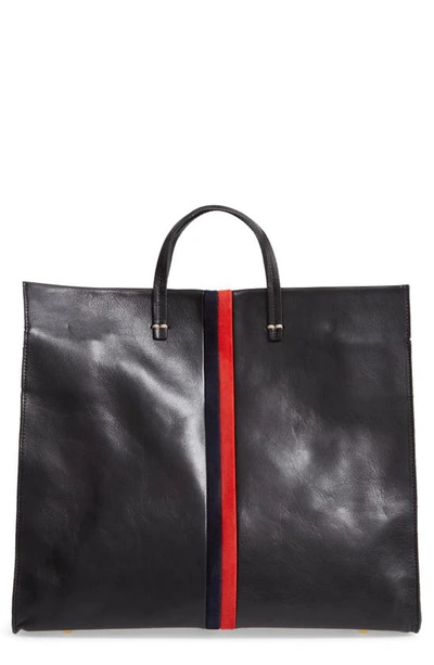 Shop Clare V Simple Leather Tote In Black/ Navy Red Stripes