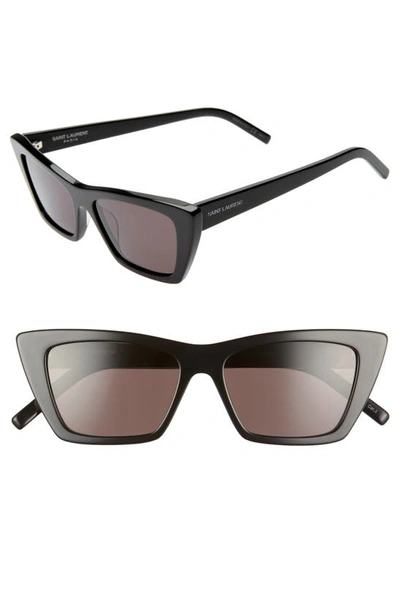 Shop Saint Laurent 53mm Cat Eye Sunglasses In Shiny Black/ Grey Solid