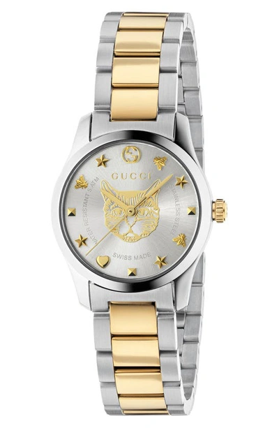 Shop Gucci G-timeless Bracelet Watch, 27mm In Silver/ Gold