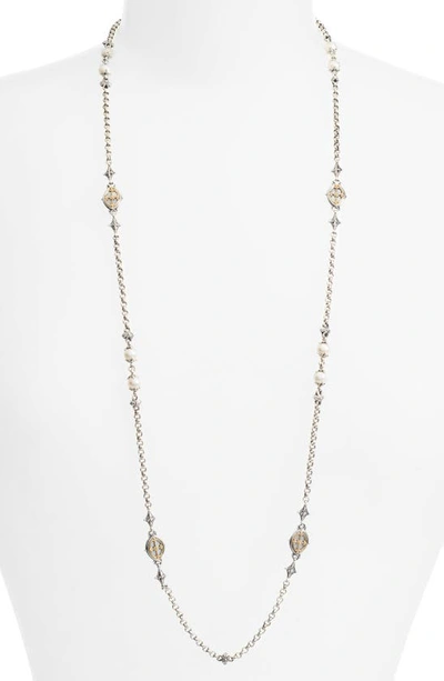 Shop Konstantino Etched Sterling Station Necklace With Genuine Pearl In Silver/ Gold/ White