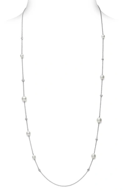 Shop Mikimoto Japan Collections Pearl & Diamond Station Necklace In White Gold/ Pearl