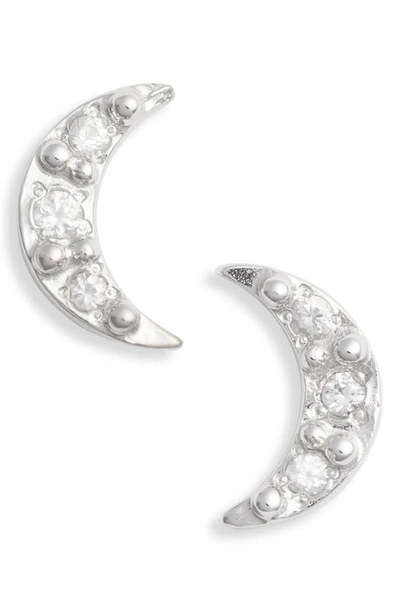 Shop Anzie Mini Moon Stud Earrings In Silver/ White Sapphire