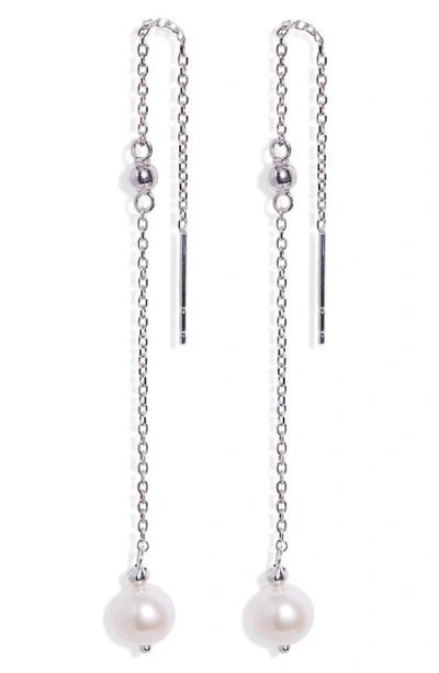 Shop Anzie Dew Drop Pearl Threader Earrings In Silver/ Pearl
