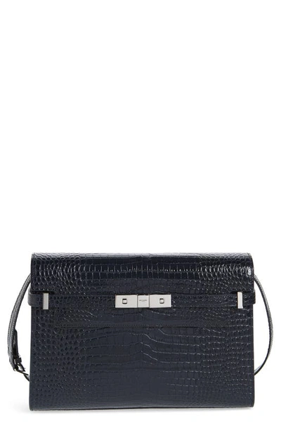 Shop Saint Laurent Manhattan Croc Embossed Calfskin Satchel In Marine