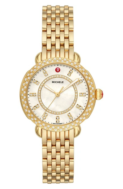 Shop Michele Sidney Classic Diamond Bracelet Watch, 33mm In Gold/ White Mop/ Gold