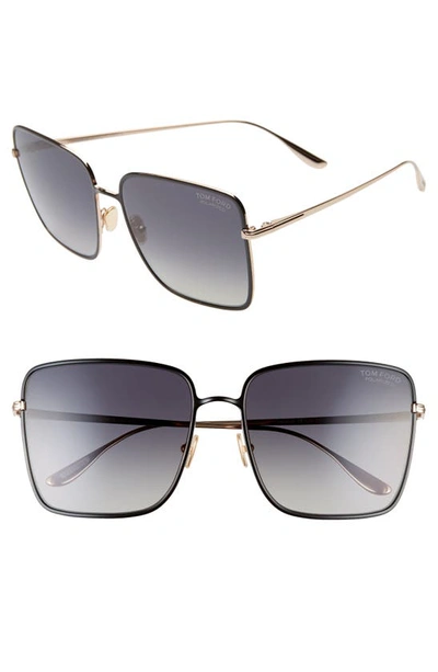 Shop Tom Ford Heather 60mm Polarized Flat Front Square Sunglasses In Shiny Black/ Smoke