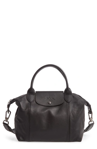 Shop Longchamp Le Pliage Cuir Leather Shoulder Bag In Black