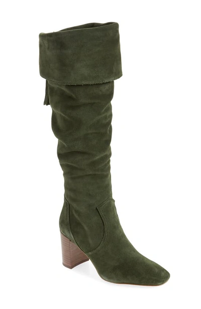 Shop Karl Lagerfeld Razo Tassel Knee High Boot In Olive Suede