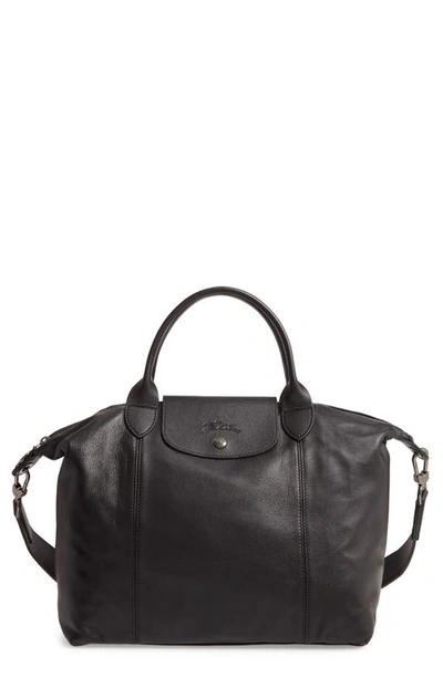 Longchamp Medium Le Pliage Cuir Leather Top Handle Tote In Black | ModeSens