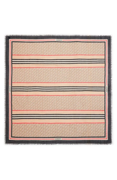 Shop Burberry Large Tb Monogram Stripe Wool & Silk Gauze Scarf In Archive Beige