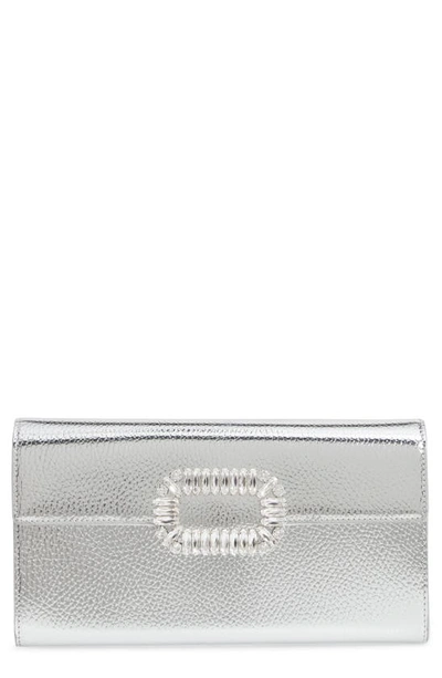 Shop Roger Vivier Crystal Buckle Metallic Leather Envelope Clutch In Argento