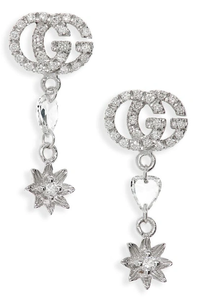 Shop Gucci Flower & Double-g Diamond Drop Earrings In White Gold