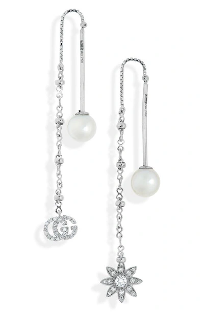 Shop Gucci Flora Diamond & Cultured Pearl Threader Earrings In White Gold/ Pearl