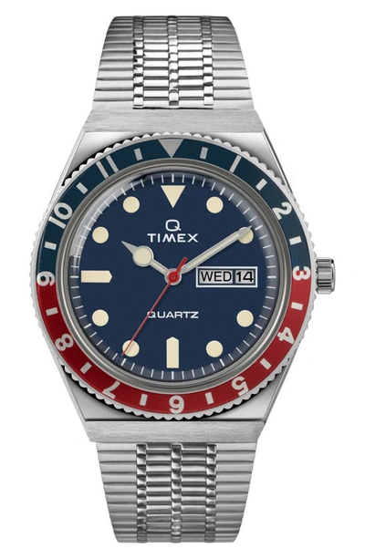 Shop Timexr Q Reissue Bracelet Watch, 38mm In Silver/ Blue/ Red