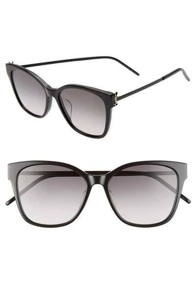 Shop Saint Laurent 56mm Rectangular Sunglasses In Shiny Black/ Smoke Gradient